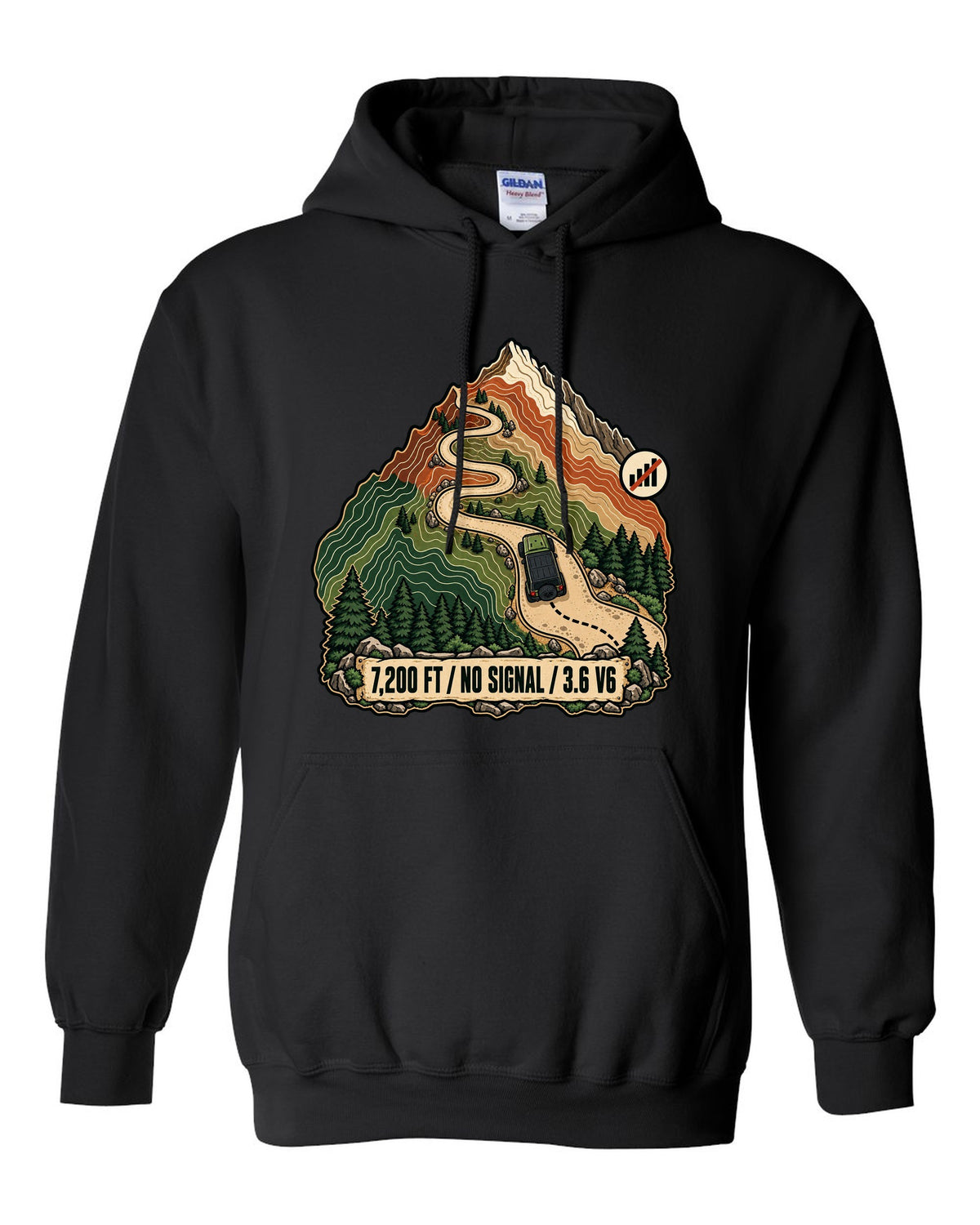 Topographic route map illustration of mountain switchbacks for a Jeep Wrangler JK with 7,200 FT NO SIGNAL 3.6 V6 lettering black pull over hoodie front view with the design