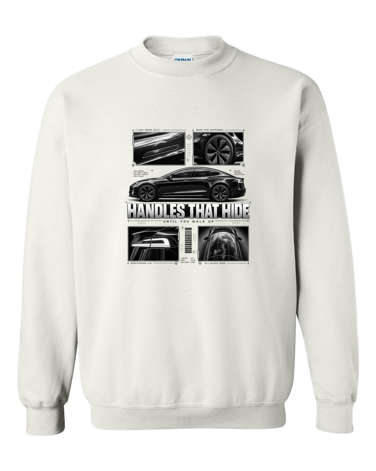 Tesla Model S Raven Side Profile Dossier white crewneck front view with the design