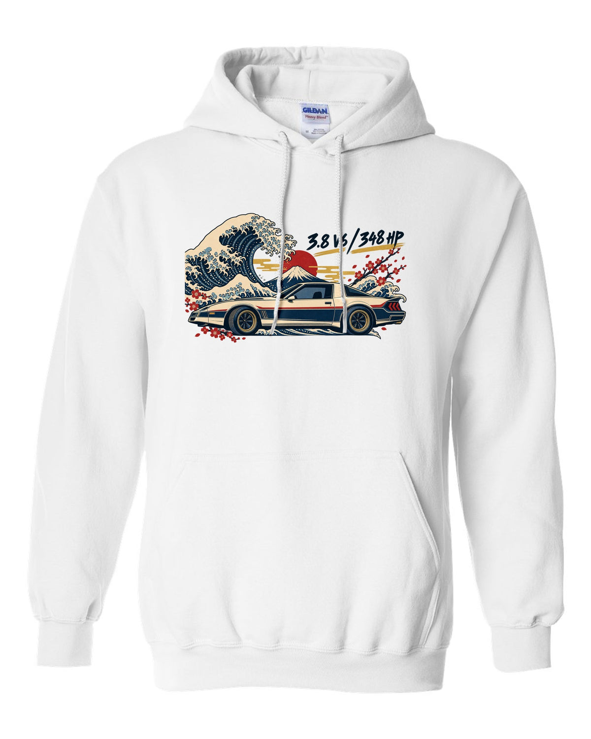 Ukiyo-e woodblock print of a Hyundai Genesis Coupe BK2 with 3.8 V6 348 HP text white pull over hoodie front view with the design