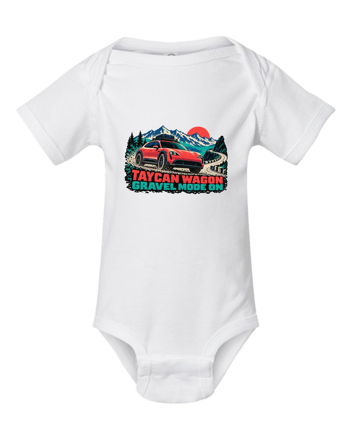 Porsche Taycan Cross Turismo Y1B risograph print with the text Taycan wagon gravel mode on white baby onesie front view with the design