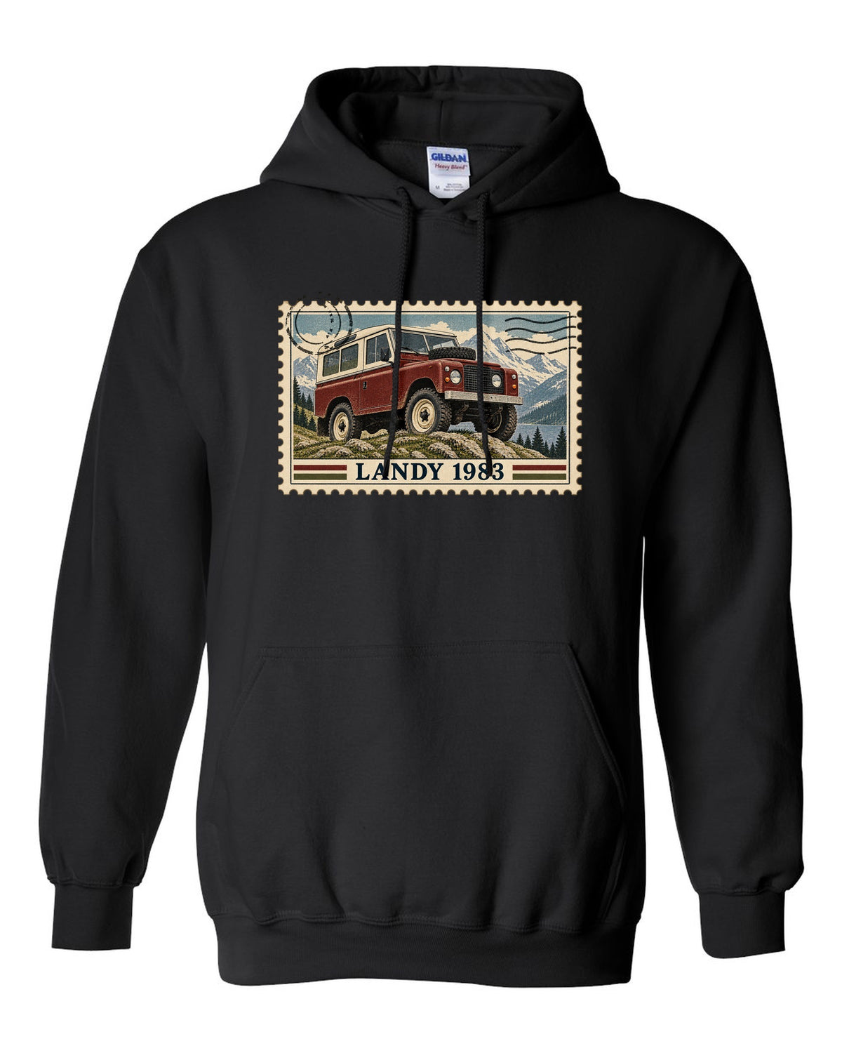 Vintage postage stamp print with perforated edge showing a Land Rover Defender 110, Landy 1983 black pull over hoodie front view with the design