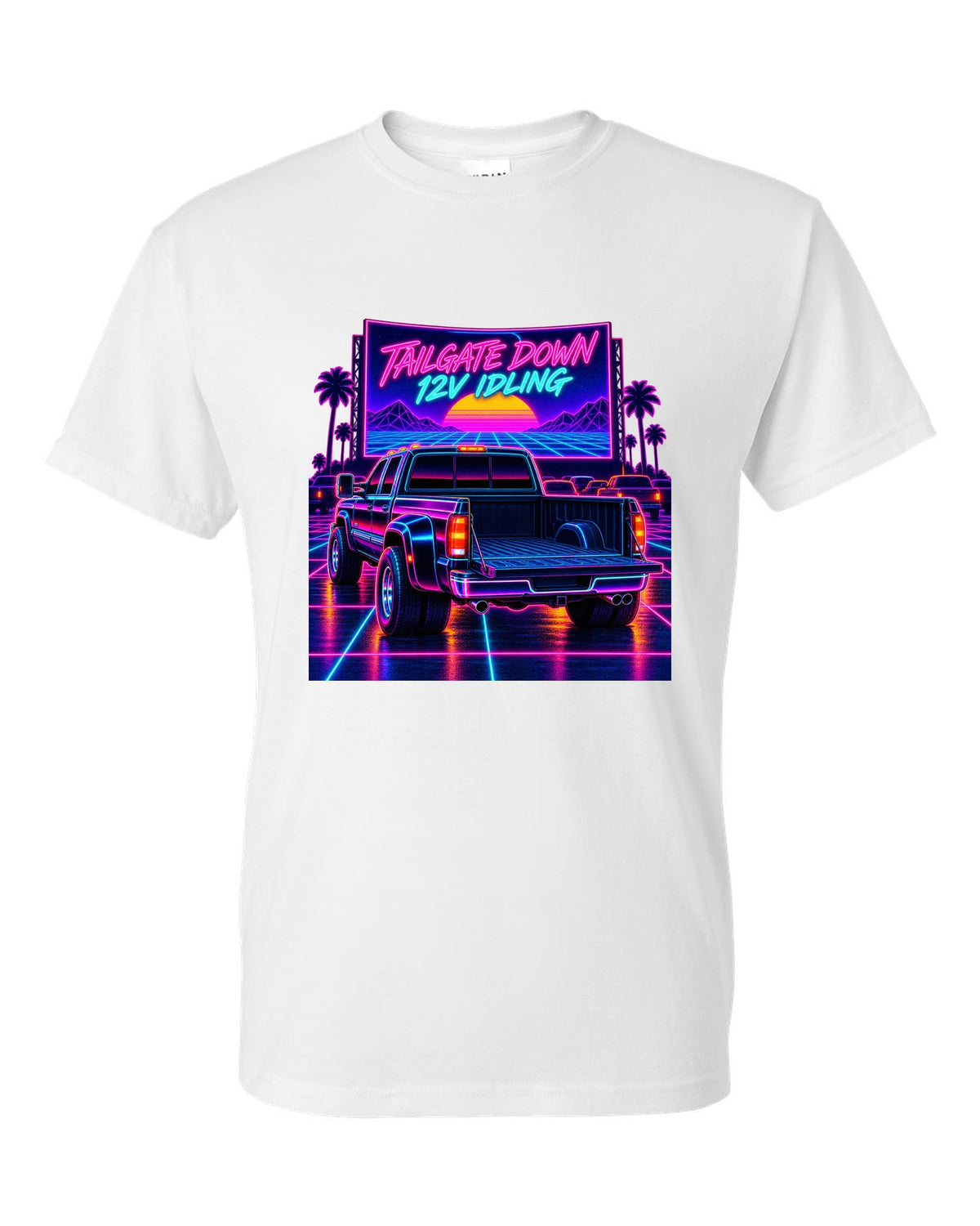 Neon synthwave drive-in print of a 1994-1998 Dodge Ram 2500 12V Cummins with tailgate down white t-shirt front view with the design