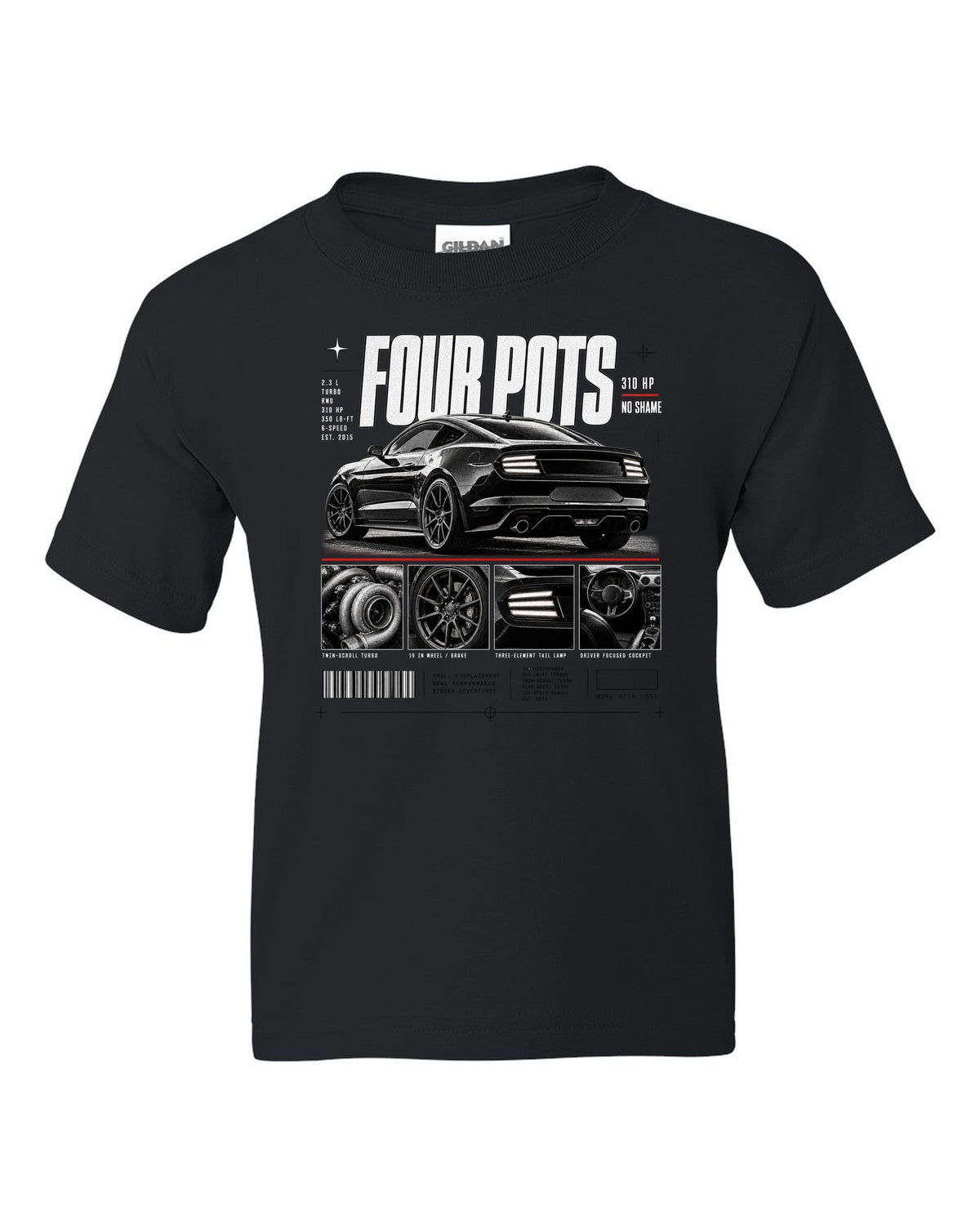 Dossier panel print of a 2015-17 Ford Mustang S550 EcoBoost fastback black kids tee front view with the design