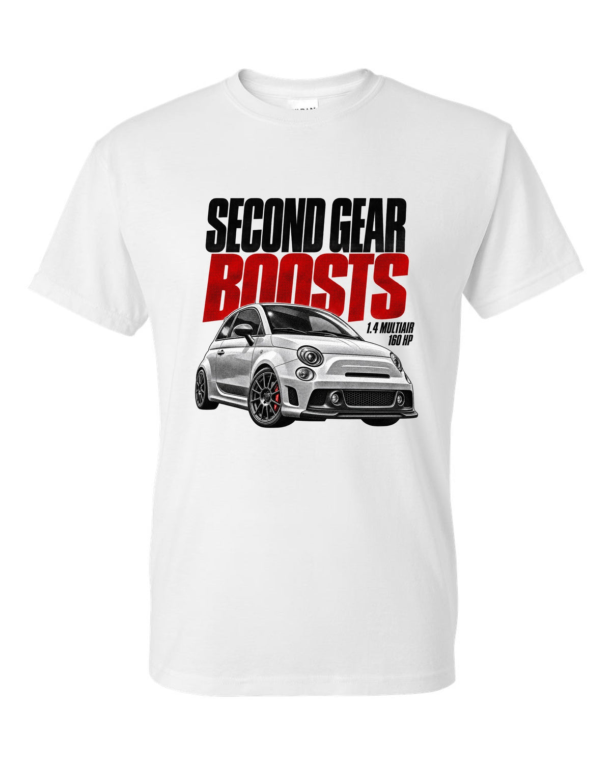 Halftone print of a Fiat 500 Abarth with 1.4 MultiAir and 160 HP text white t-shirt front view with the design