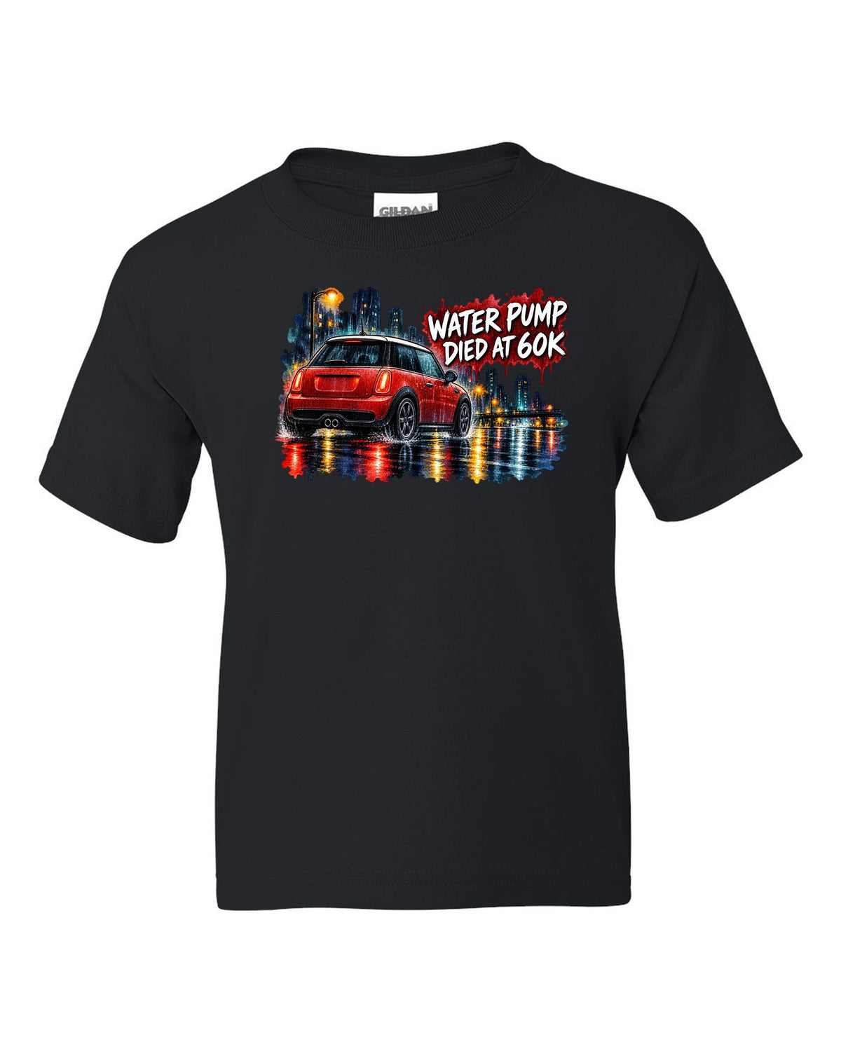 Watercolour night scene of a Mini Cooper S R56 on a wet road black kids tee front view with the design