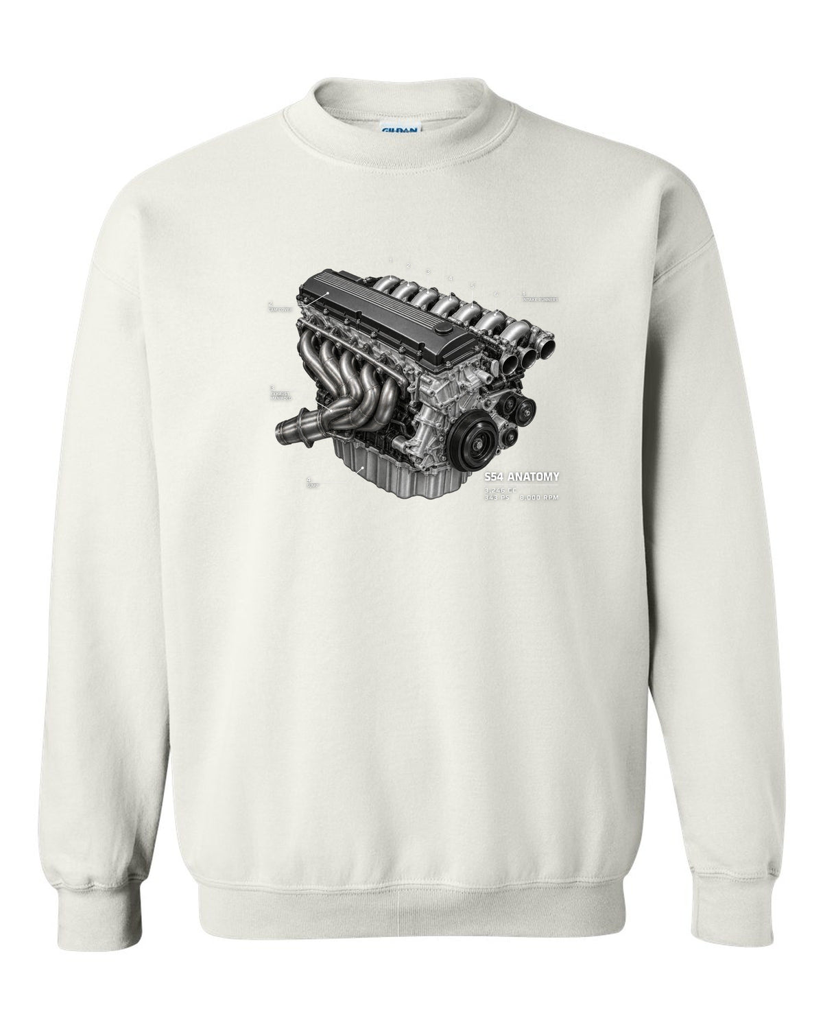 BMW E46 M3 S54 engine anatomy print with 3,246 cc 343 PS and 8,000 rpm text white crewneck front view with the design