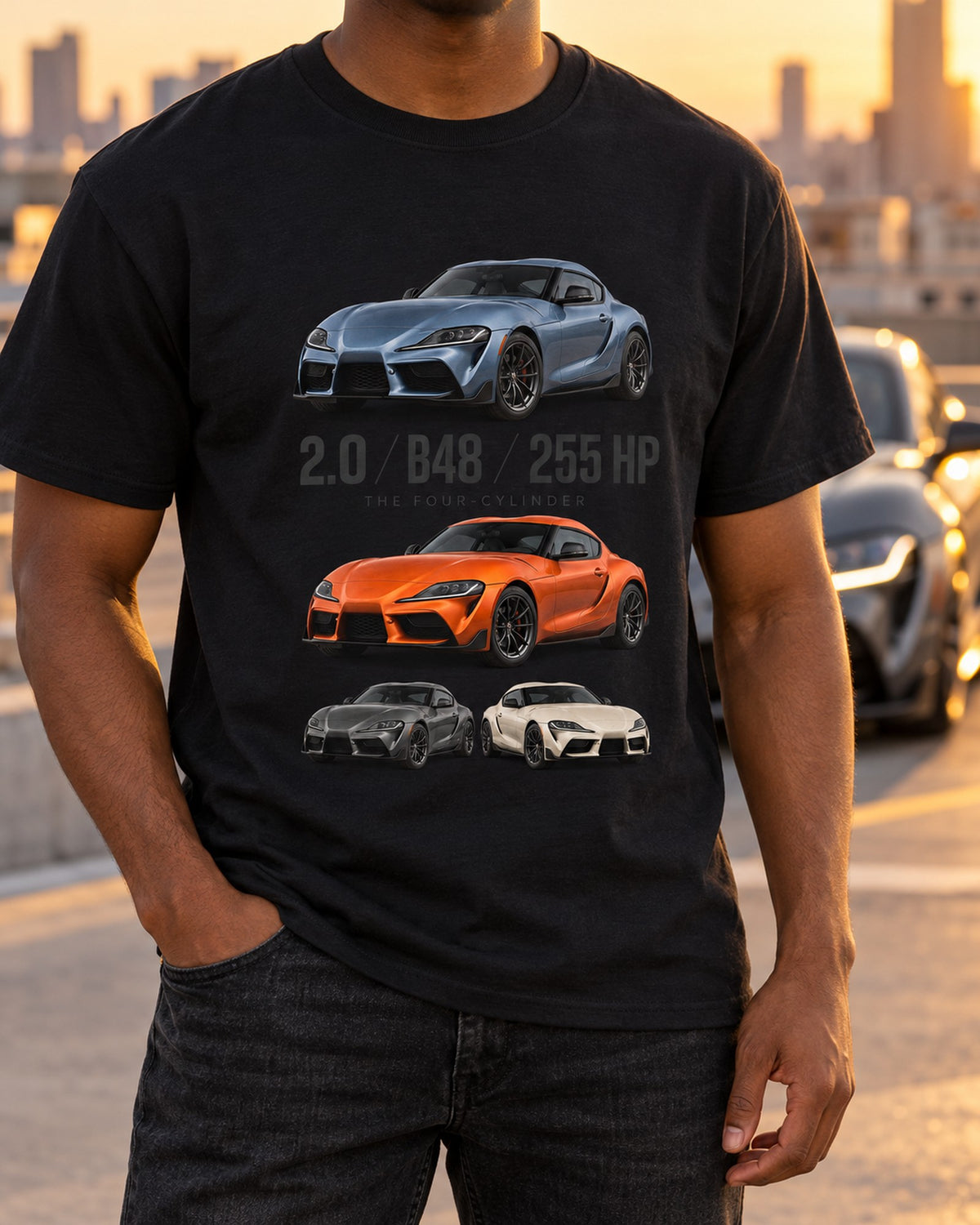 Toyota GR Supra 2.0 B48 Spec Poster Shirt, Four-Cylinder T-Shirt Black worn hero