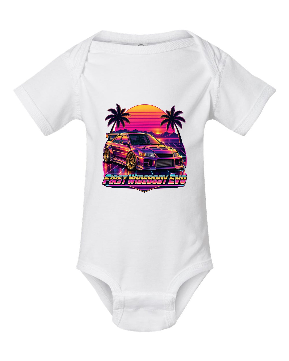 Exploded cutaway engine diagram of a Mitsubishi Lancer Evolution X CZ4A white baby onesie front view with the design
