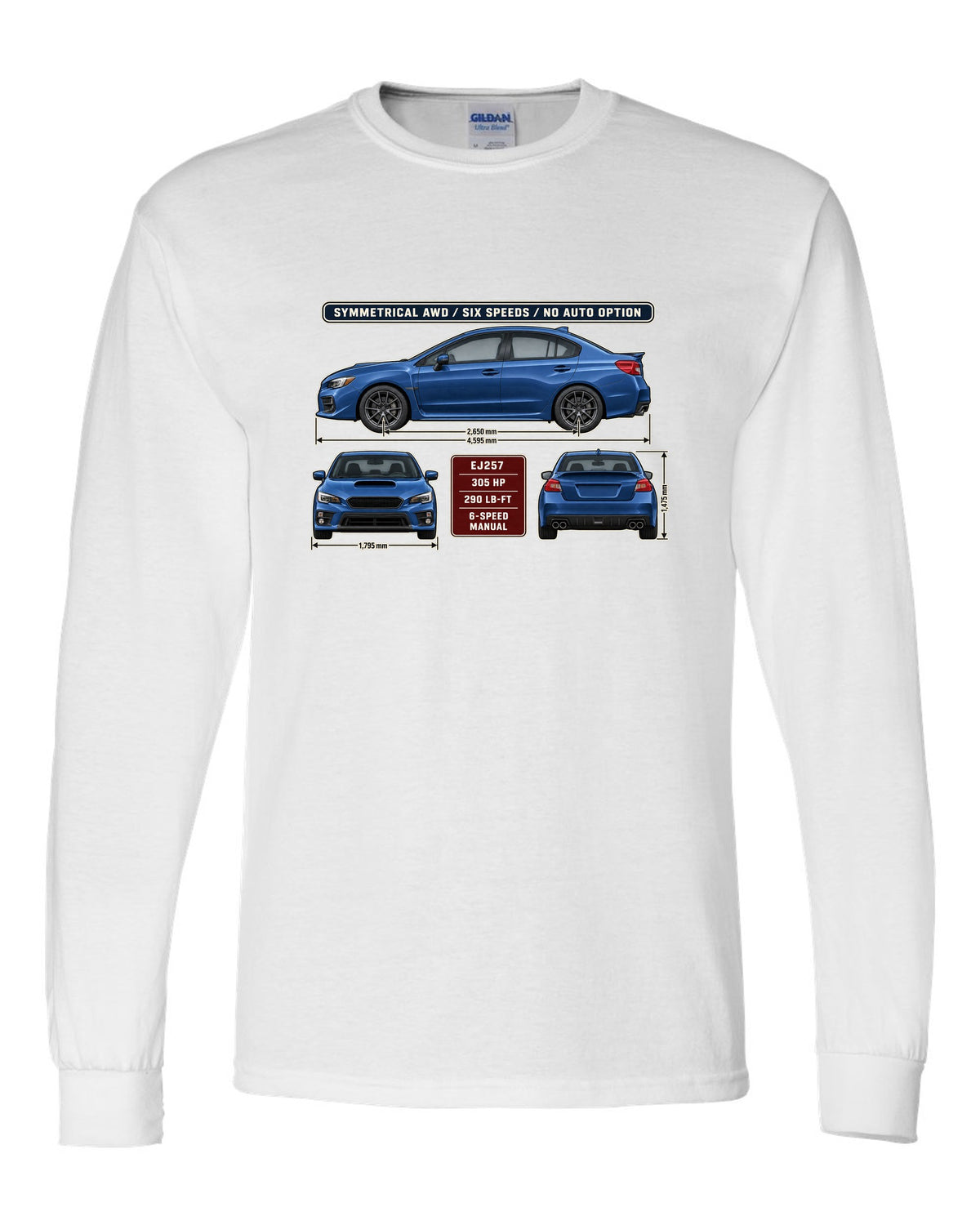 Subaru WRX STI VA graphite sedan three-view drawing with red accent white long sleeve front view with the design