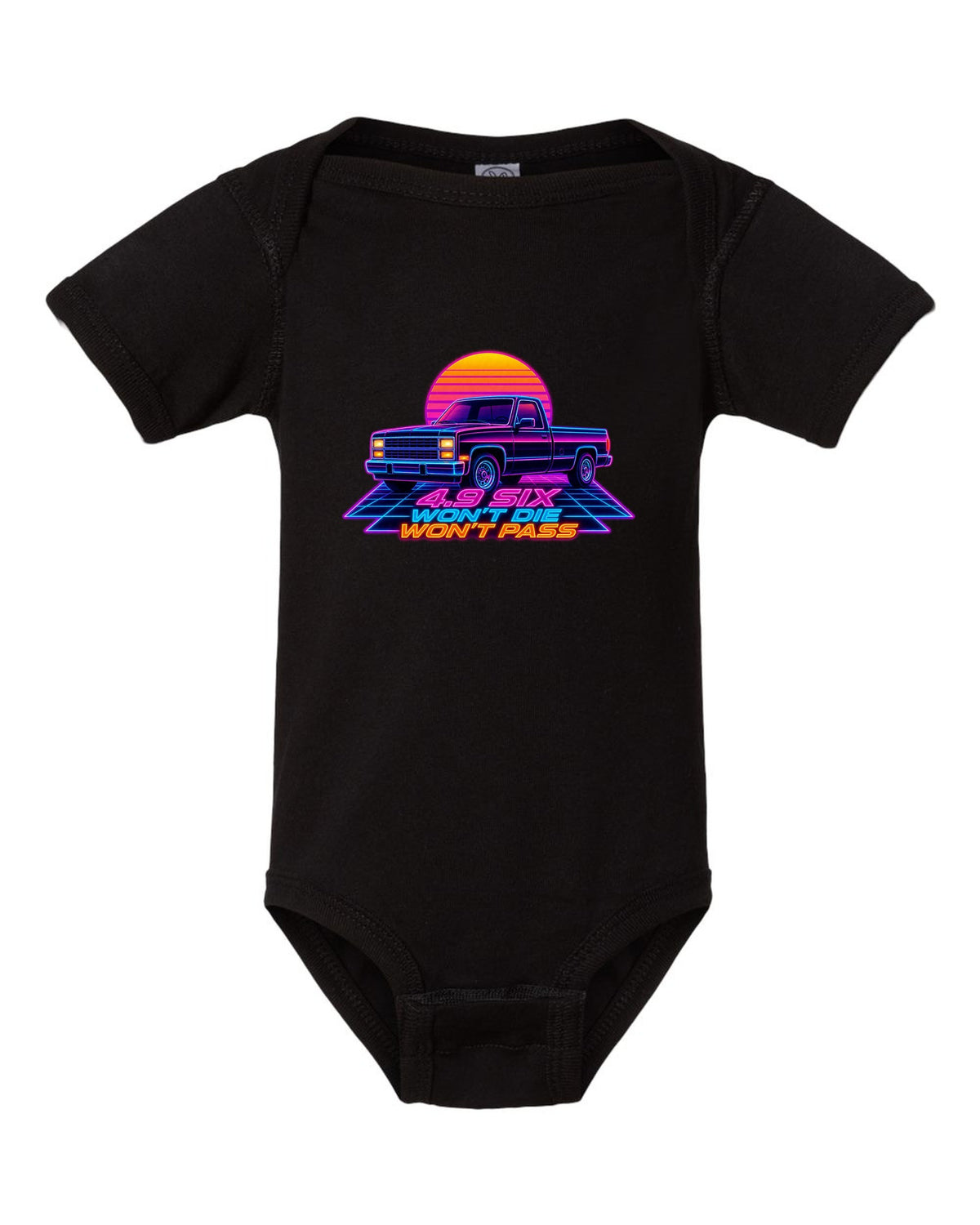 Synthwave neon art of a 1987-91 Ford F-150 Brick-Nose in drive-in rain with 4.9 SIX lettering black baby onesie front view with the design