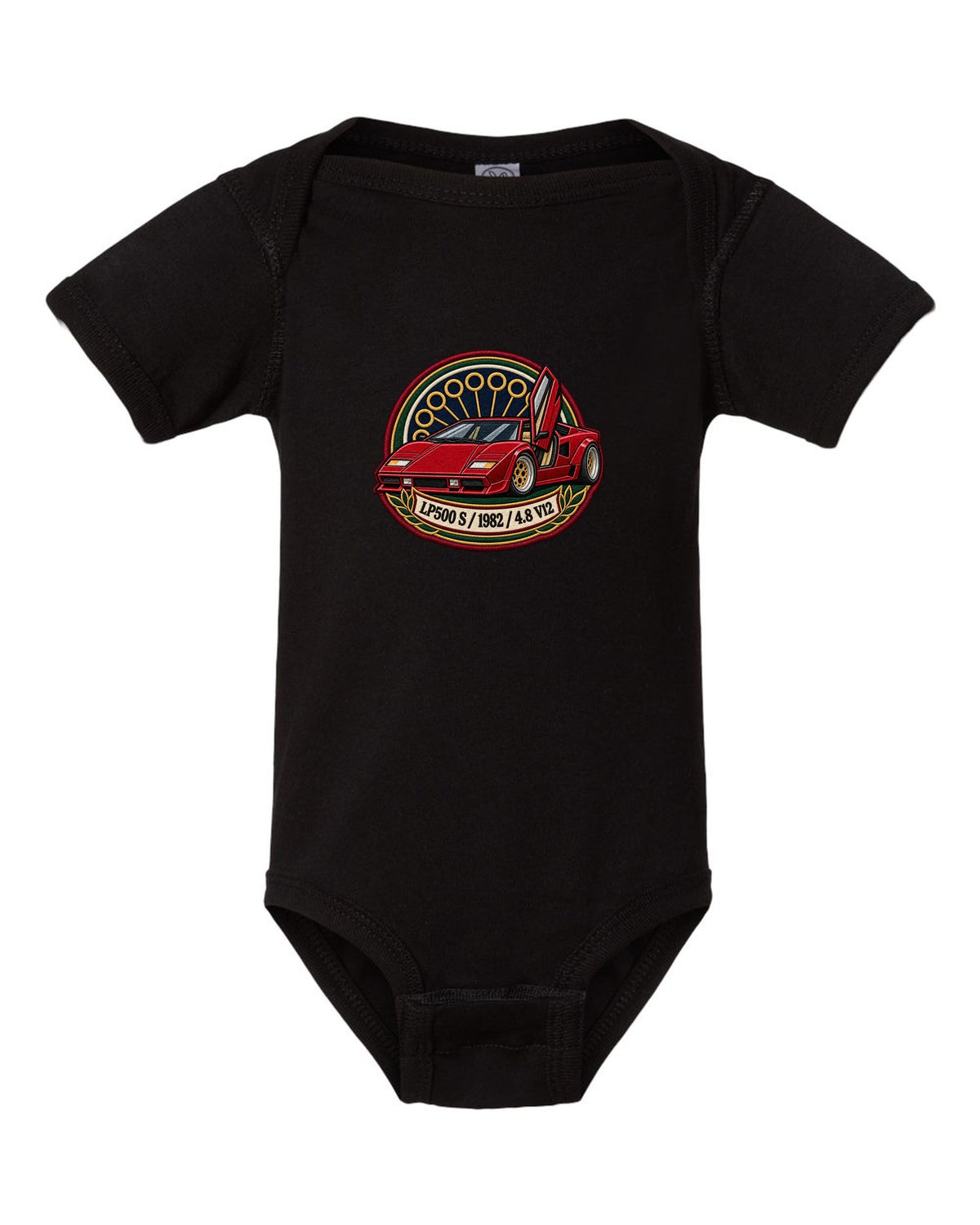 Varsity embroidery crest for a 1982 Lamborghini Countach LP500 S with 4.8 V12 lettering black baby onesie front view with the design