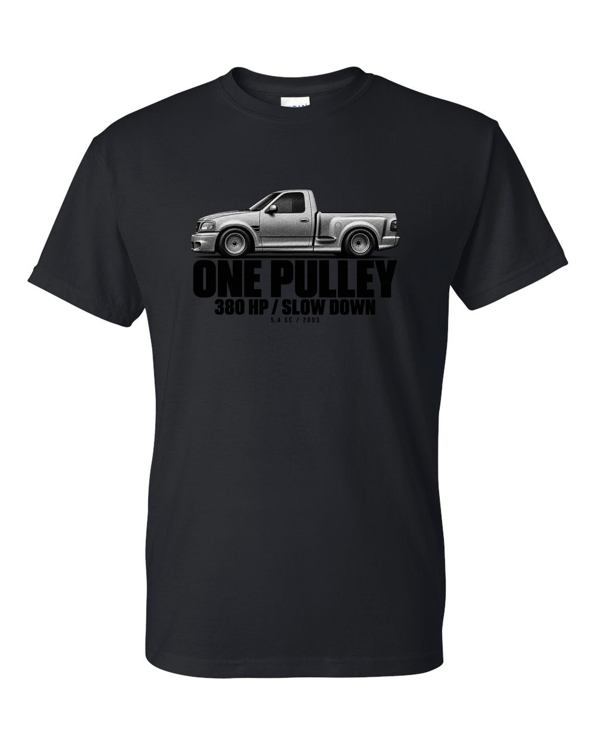 Halftone print of a 2002-03 Ford F-150 SVT Lightning with 380 HP text black t-shirt front view with the design