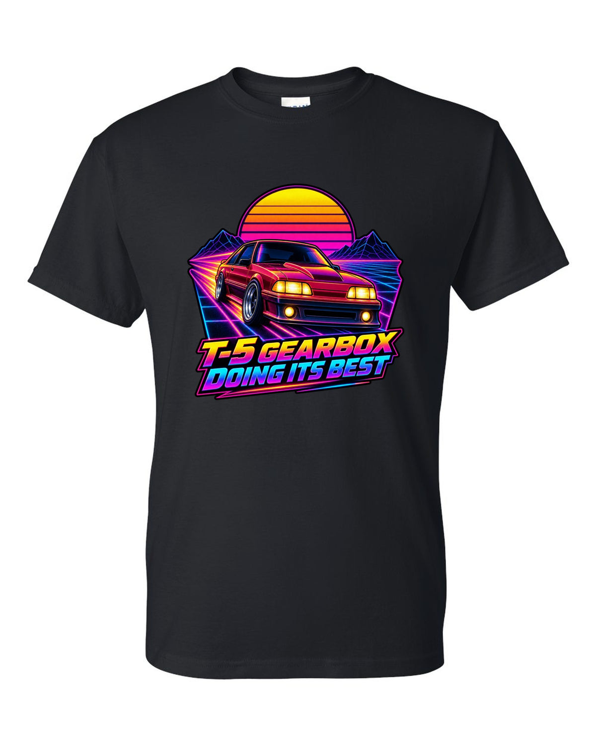 Synthwave sunset grid print of a Ford Mustang Fox Body GT with T-5 gearbox text black t-shirt front view with the design