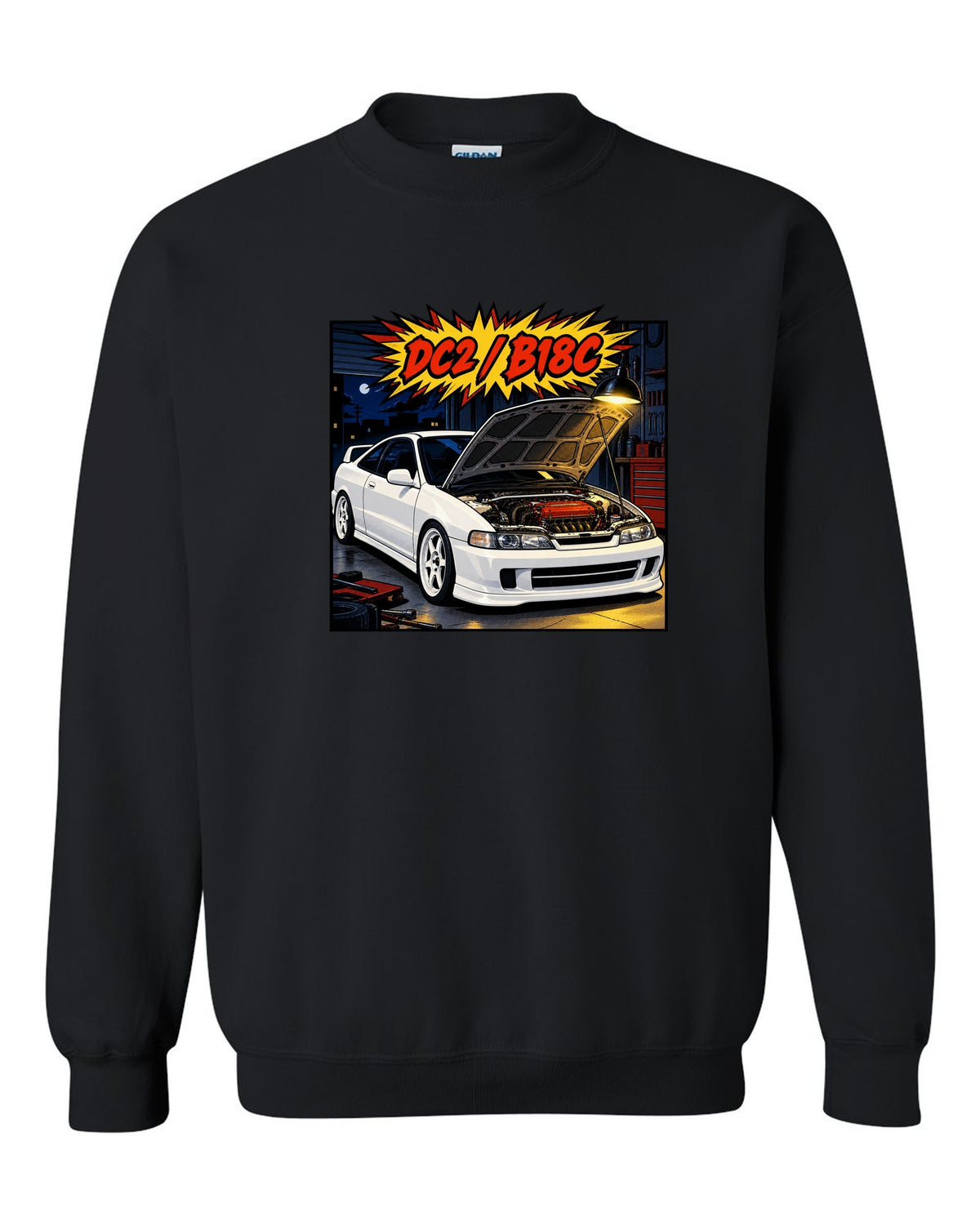 Comic book panel action burst print of a Honda Integra Type R DC2 with bonnet up and B18C text black crewneck front view with the design