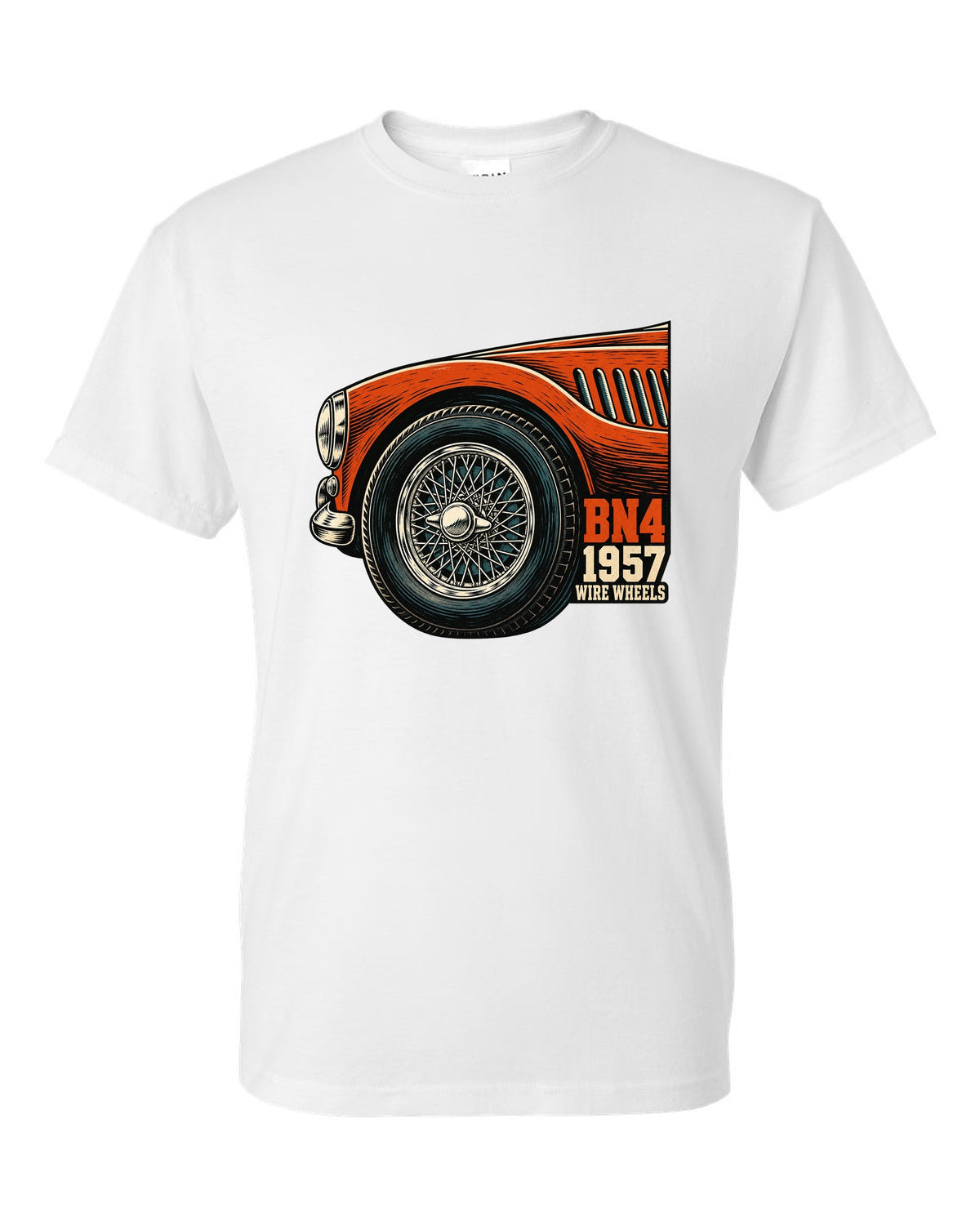 Linocut close-up of a wire wheel on a 1957 Austin-Healey 100-Six BN4 white t-shirt front view with the design
