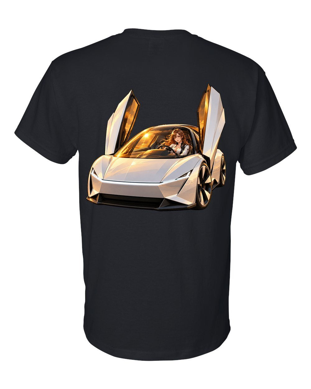 Tesla Roadster Golden Hour Anime Girl T-Shirt Black back