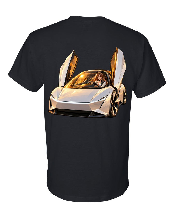 Tesla Roadster Golden Hour Anime Girl T-Shirt Black back