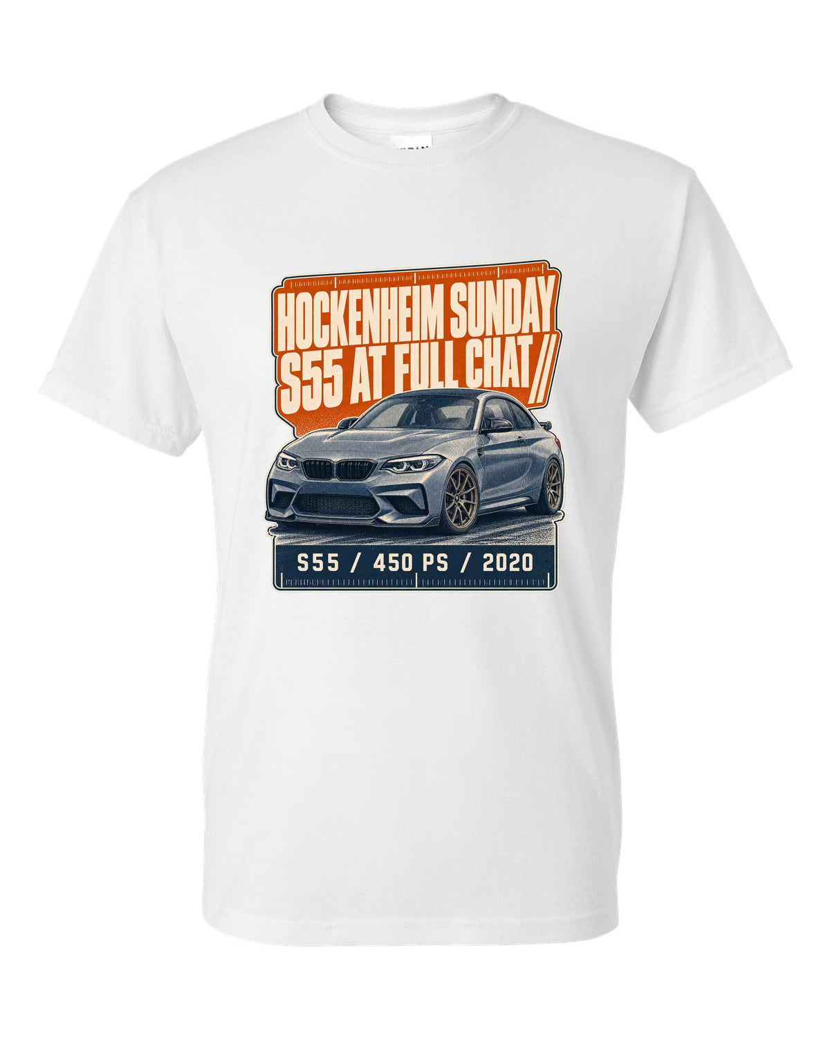 BMW M2 CS F87 halftone statement print with Hockenheim Sunday and S55 text white t-shirt front view with the design