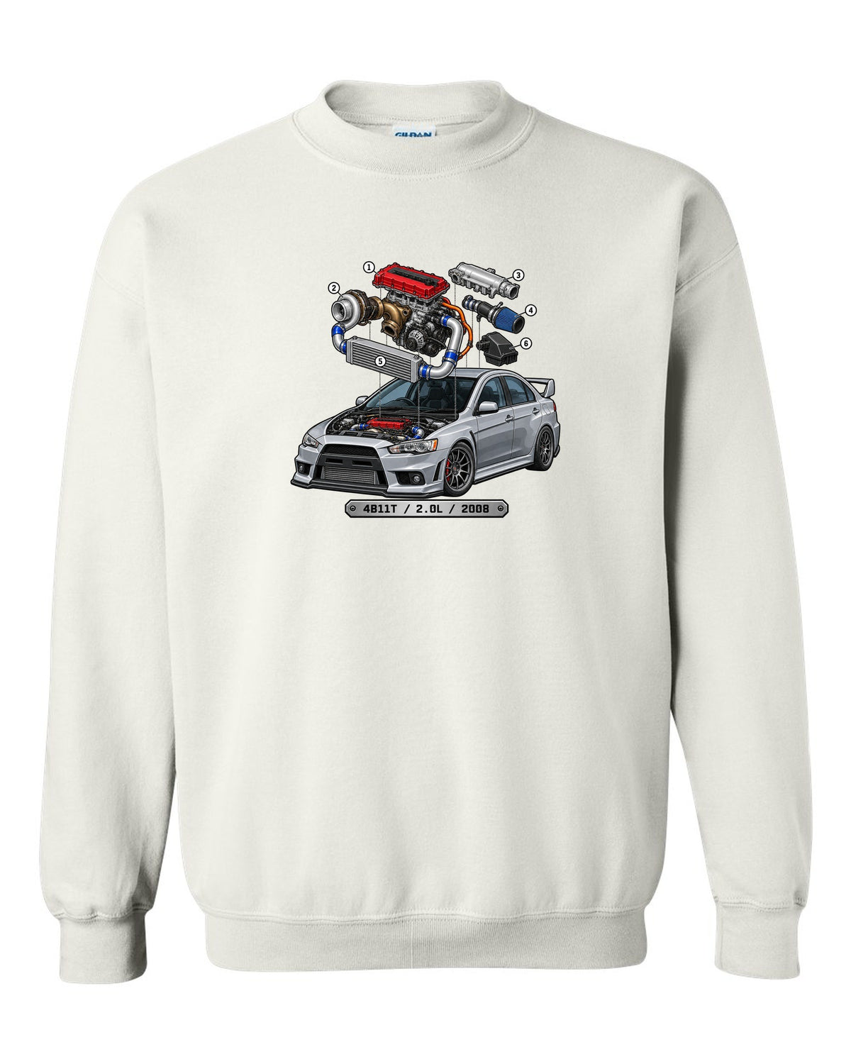 Exploded engine cutaway print for the Mitsubishi Evo X CZ4A with 4B11T 2.0L 2008 text white crewneck front view with the design