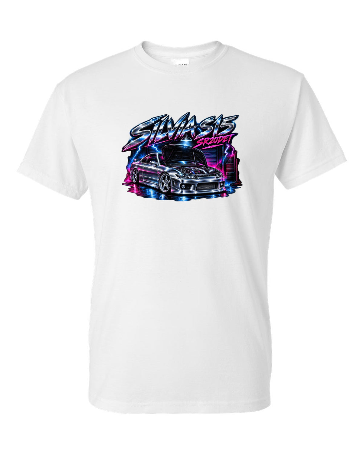 Airbrush chrome poster print of a Nissan Silvia S15 with SR20DET lettering white t-shirt front view with the design