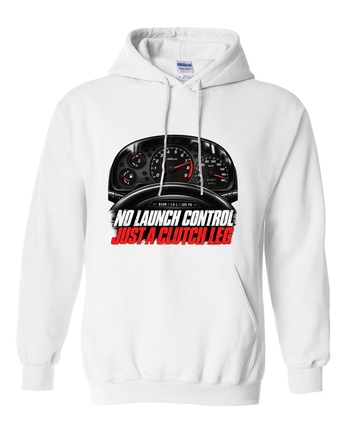 Cockpit gauge print of a 1997 Honda Civic EK9 chback with clutch leg text white pull over hoodie front view with the design