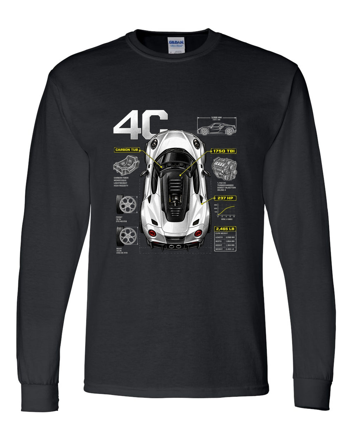 Overhead spec poster print of an Alfa Romeo 4C with carbon tub and 237 HP text black long sleeve front view with the design