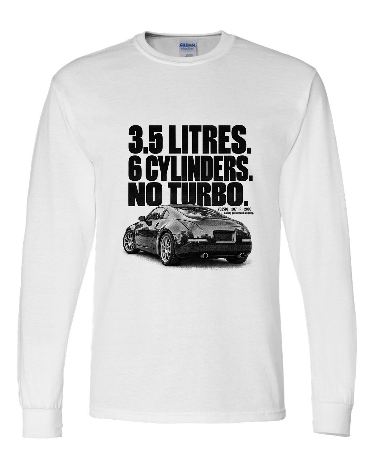 Halftone print of a Nissan 350Z Z33 rear three-quarter with VQ35DE 287 HP text white long sleeve front view with the design
