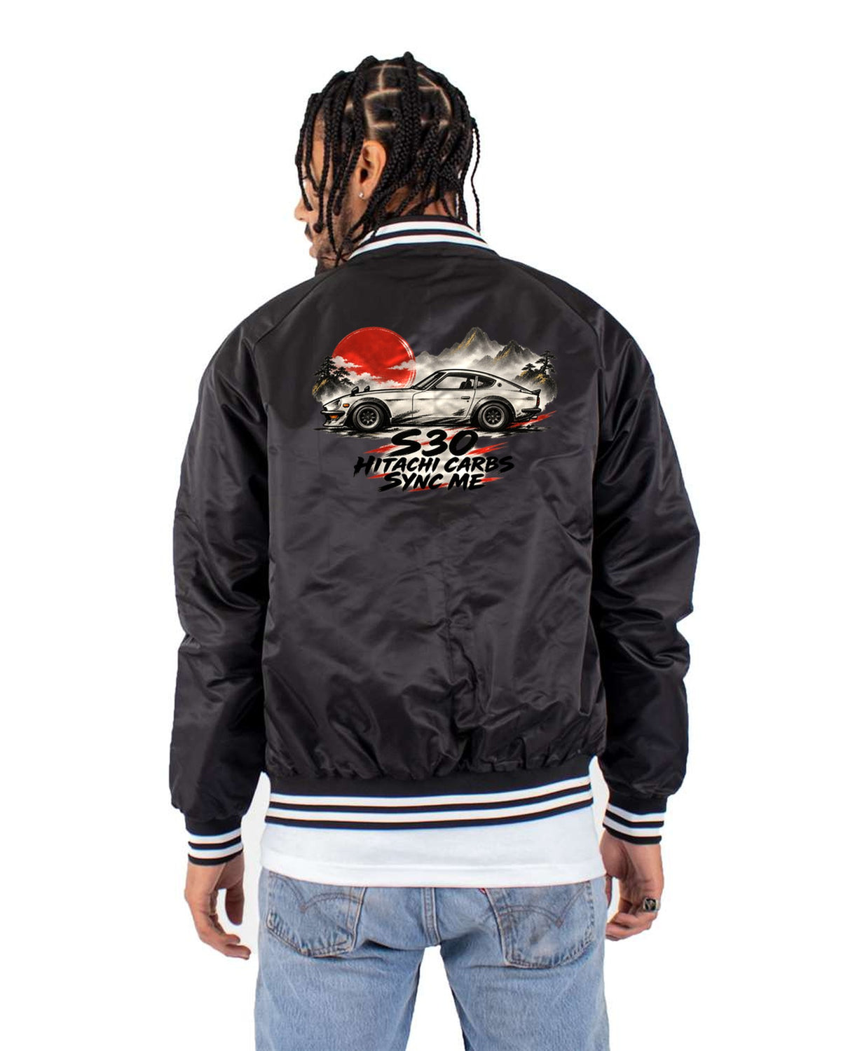 Datsun 240Z S30 Ink Wash Profile Tee, Sync Me Carbs Bomber Jacket Black back