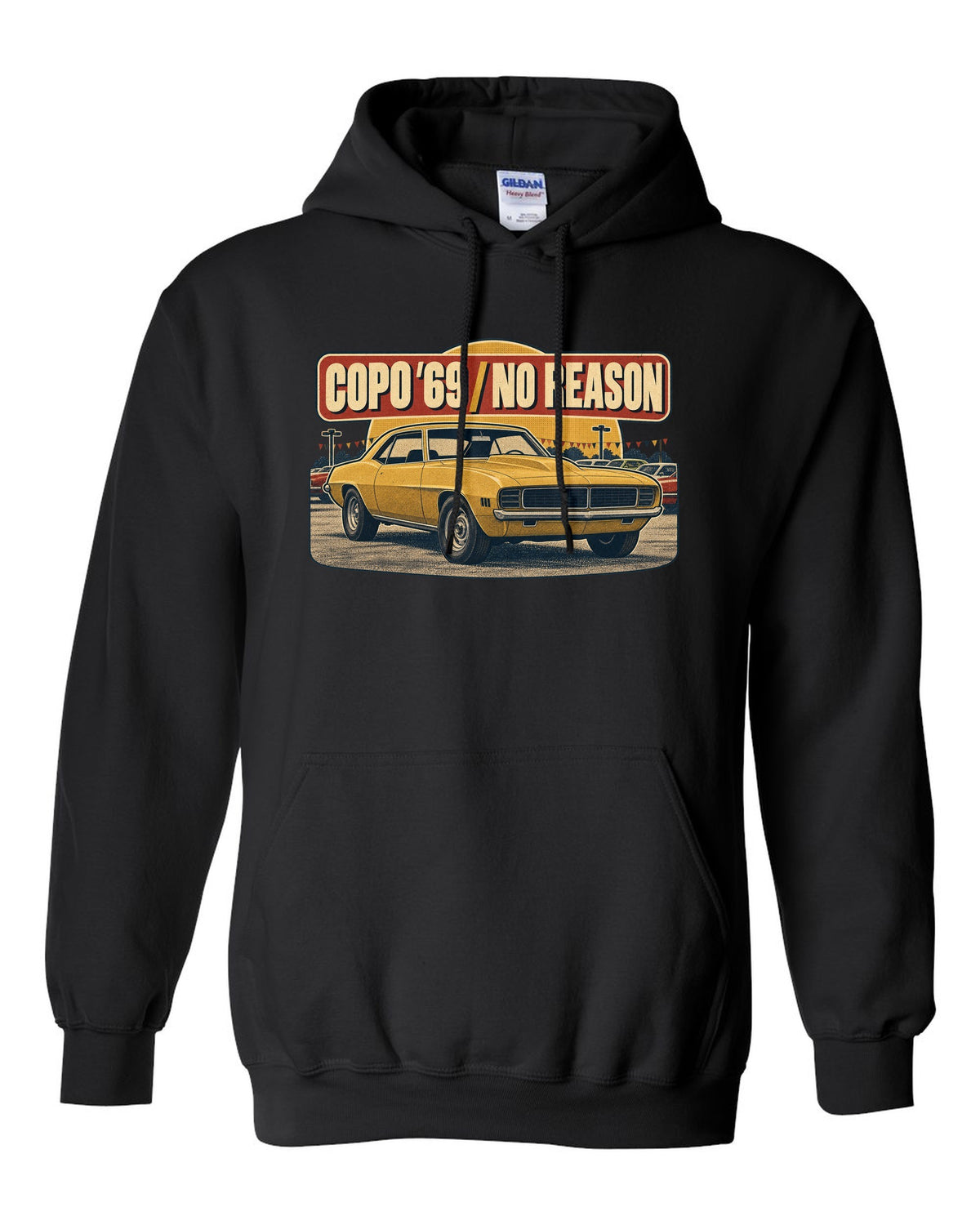 1970s catalogue ad layout with halftone shading of a 1969 Chevrolet Camaro COPO-style coupe black pull over hoodie front view with the design