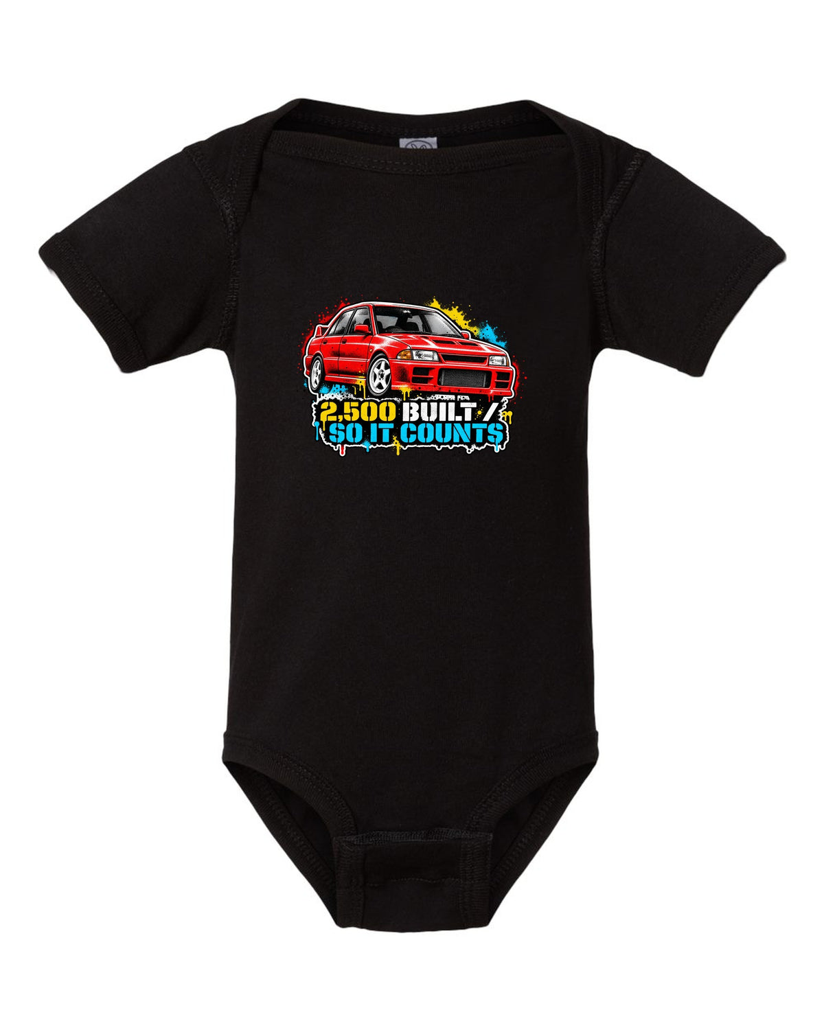 Mitsubishi Lancer Evolution I CD9A in stencil spray street art, 2,500 BUILT / SO IT COUNTS black baby onesie front view with the design
