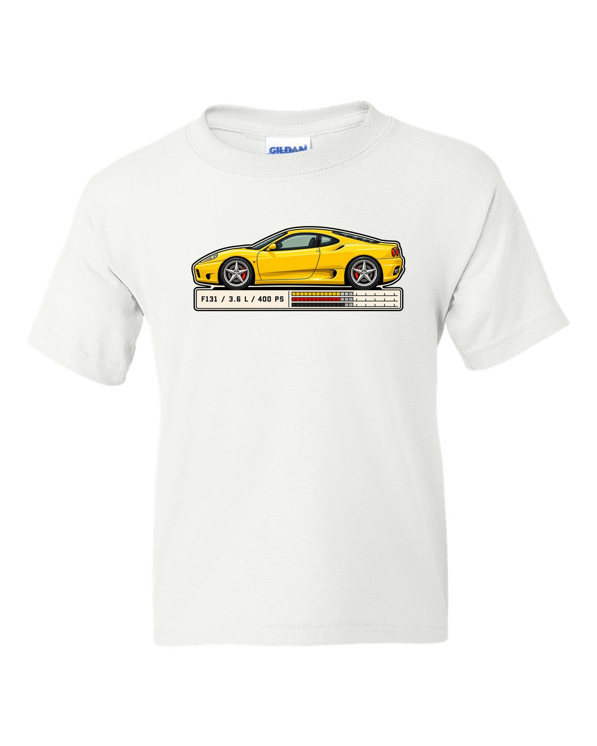Spec sheet data plate print for the Ferrari 360 Modena listing F131, 3.6 L and 400 PS white kids tee front view with the design