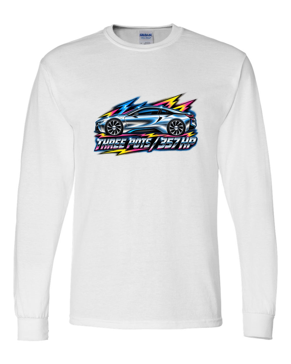 BMW i8 I12 80s airbrush chrome print with three pots 357 HP text white long sleeve front view with the design