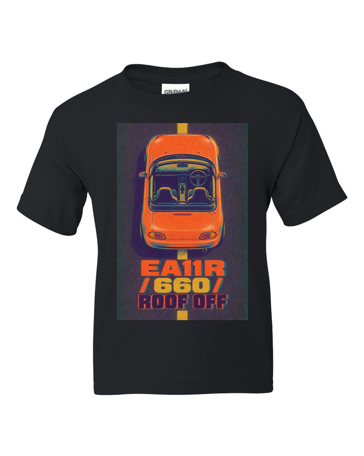 Risograph-style Suzuki Cappuccino EA11R with the text 660 and roof off black kids tee front view with the design