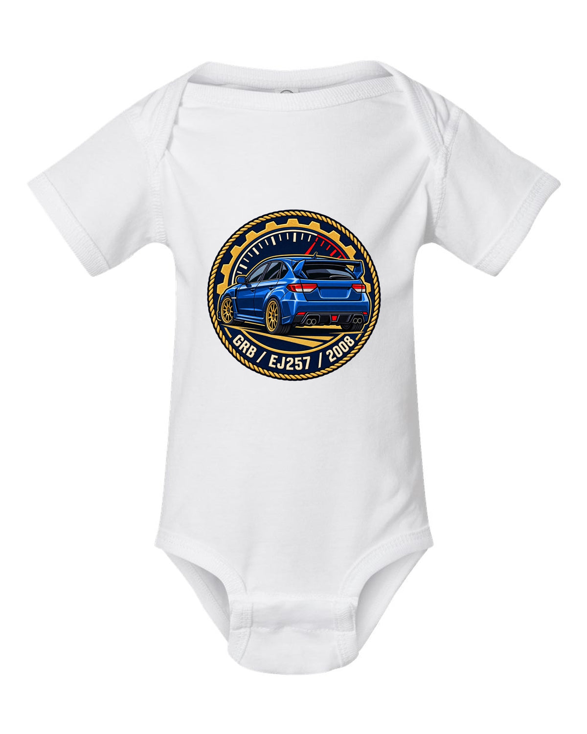 Subaru Impreza WRX STI GRB chback varsity crest print, GRB / EJ257 / 2008 white baby onesie front view with the design