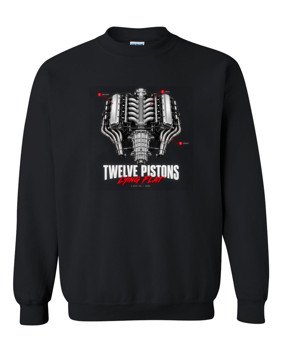 Engine callout print of the Ferrari 512 TR and F512 M flat-12 with the text Twelve Pistons Lying Flat black crewneck front view with the design