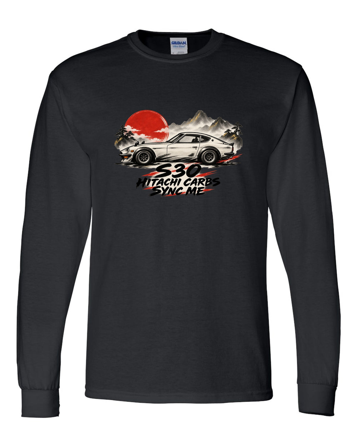 Sumi-e ink wash profile of a 1972 Datsun 240Z S30 with red accents black long sleeve front view with the design