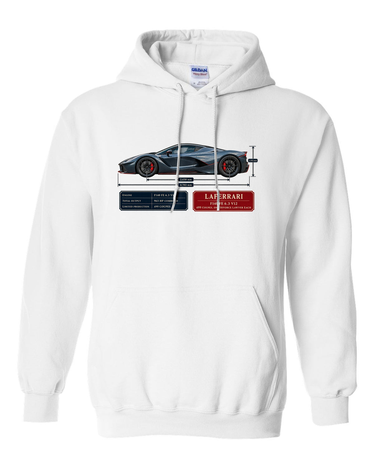 Ferrari LaFerrari dimension blueprint print with F140 FE 6.3 V12 text white pull over hoodie front view with the design