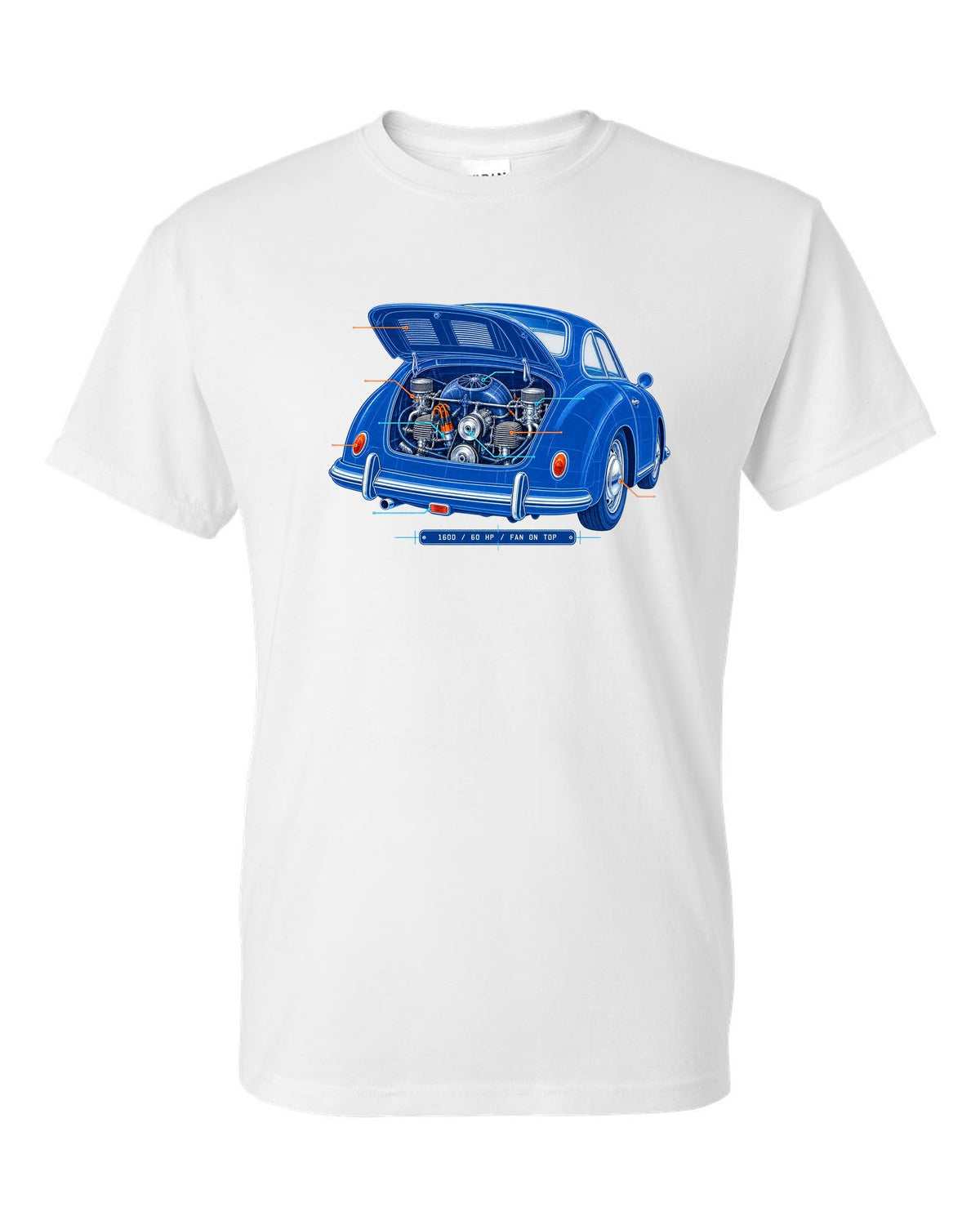 Linocut print of a 1978 Porsche 911 SC Targa in a night garage with the text SC Targa, 180 PS and 3.0 white t-shirt front view with the design