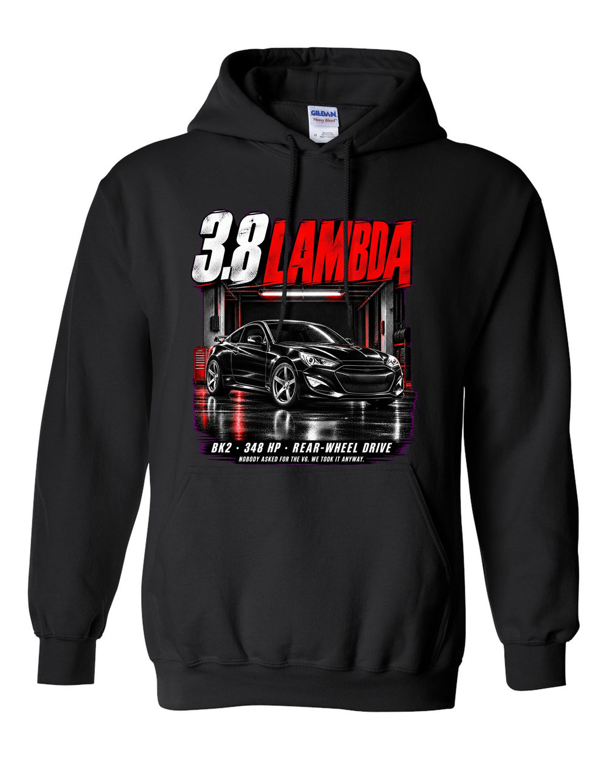 Hyundai Genesis Coupe BK2 3.8 Track in a garage at night with spec text black pull over hoodie front view with the design