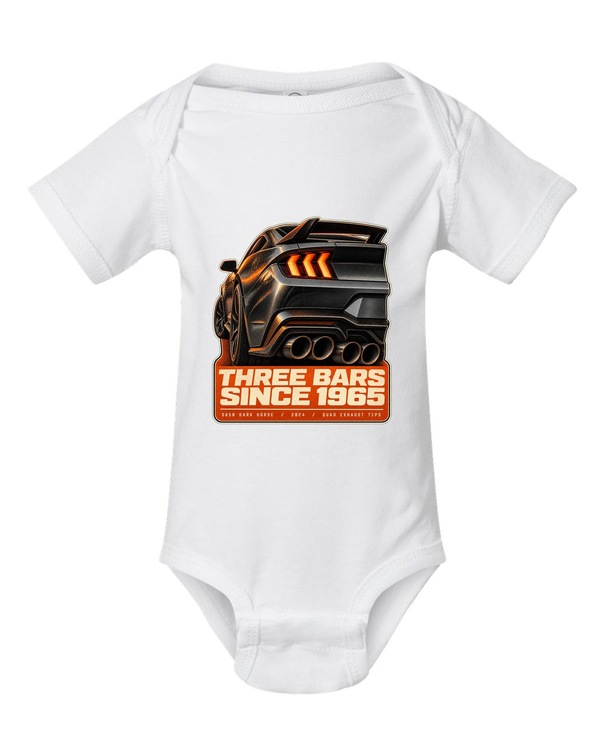 Ford Mustang S650 Dark Horse taillight macro print with quad exhaust tip text white baby onesie front view with the design