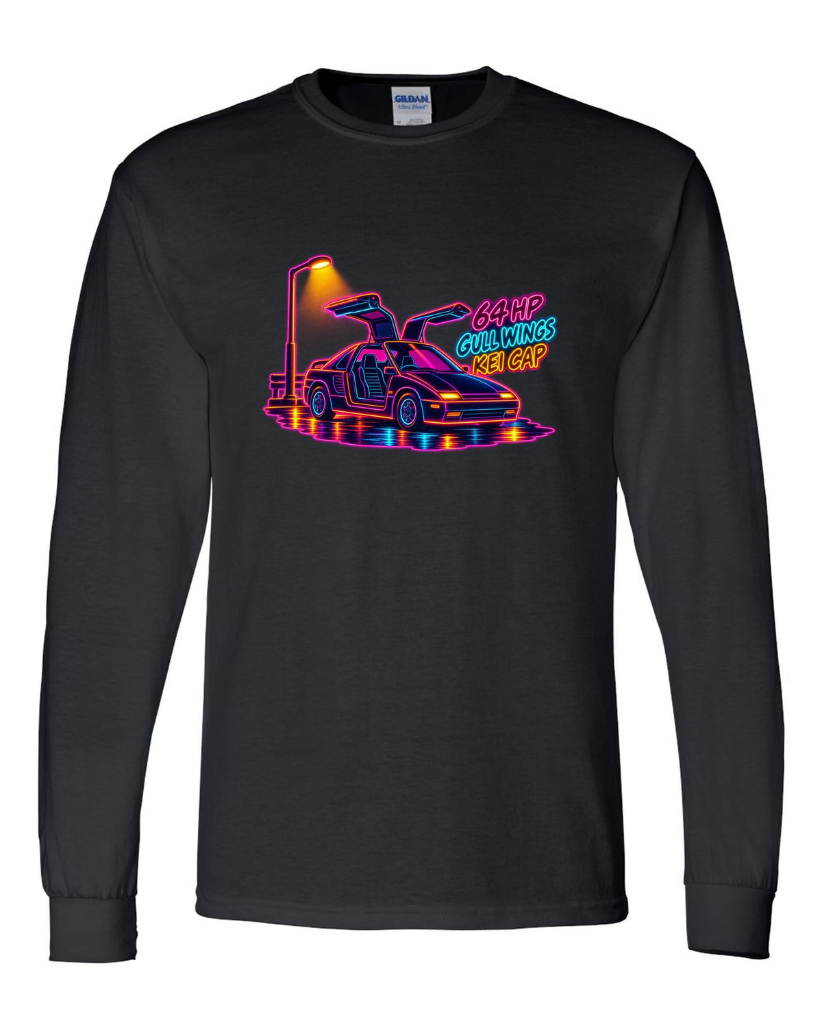 Neon synthwave line art print of an Autozam AZ-1 PG6SA with 64 HP gull wings kei cap lettering black long sleeve front view with the design