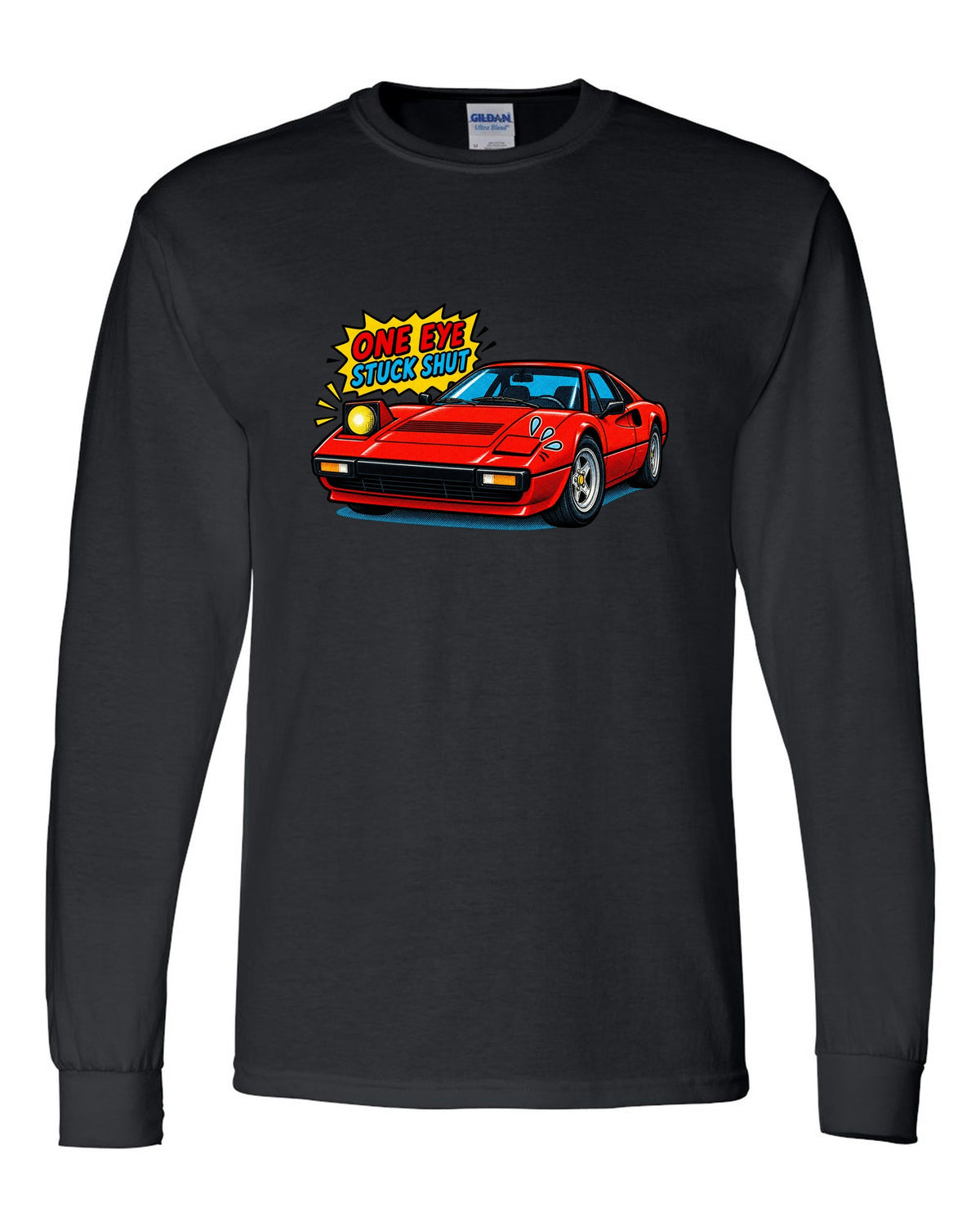 Comic halftone print of a Ferrari 308 GTB with one pop-up headlight stuck shut black long sleeve front view with the design