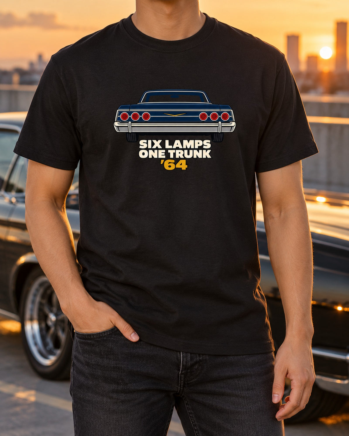 1964 Impala Rear Six Lamps Minimal Vector Shirt, Car Tee T-Shirt Black worn hero