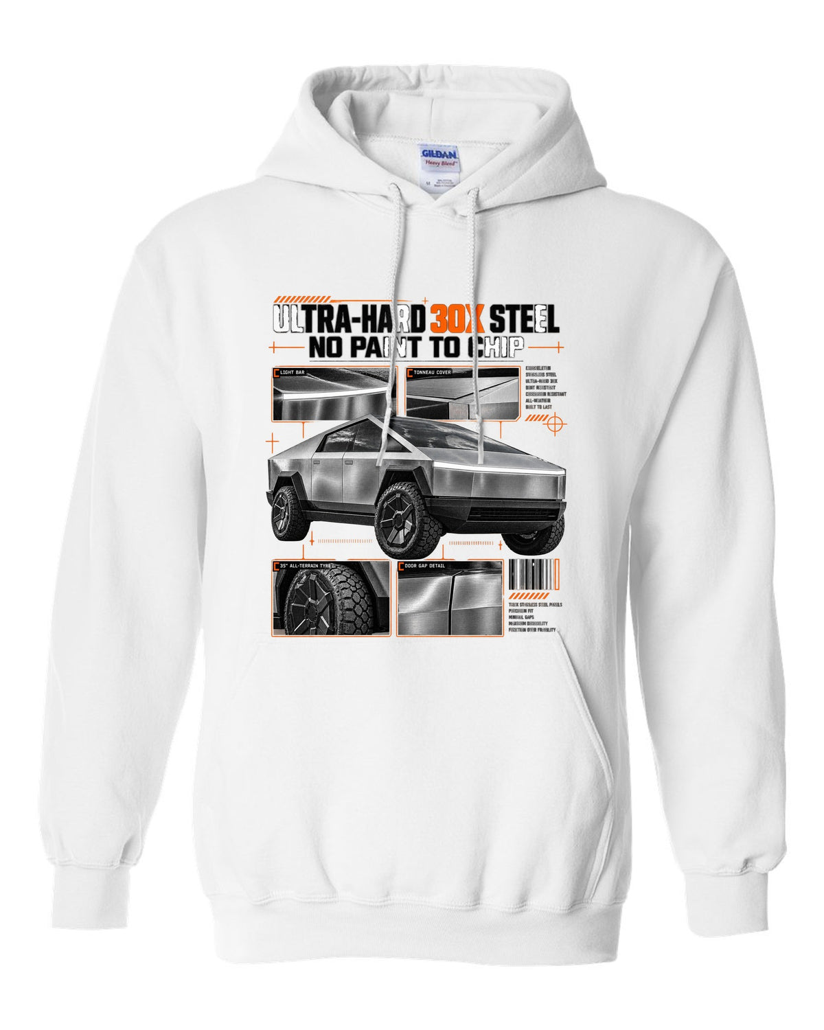 Tesla Cybertruck 2023 dossier panel graphic with ultra-hard 30X steel and no paint to chip white pull over hoodie front view with the design