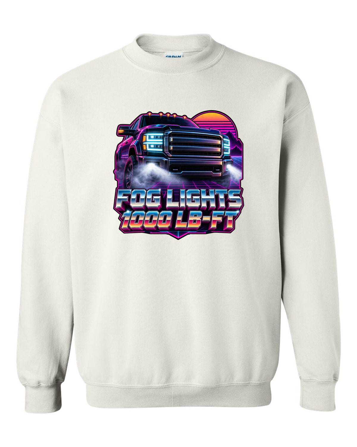 Neon synthwave grid print of a 2019-2024 Ram HD 2500 with the 6.7 HO and 1000 lb-ft text white crewneck front view with the design