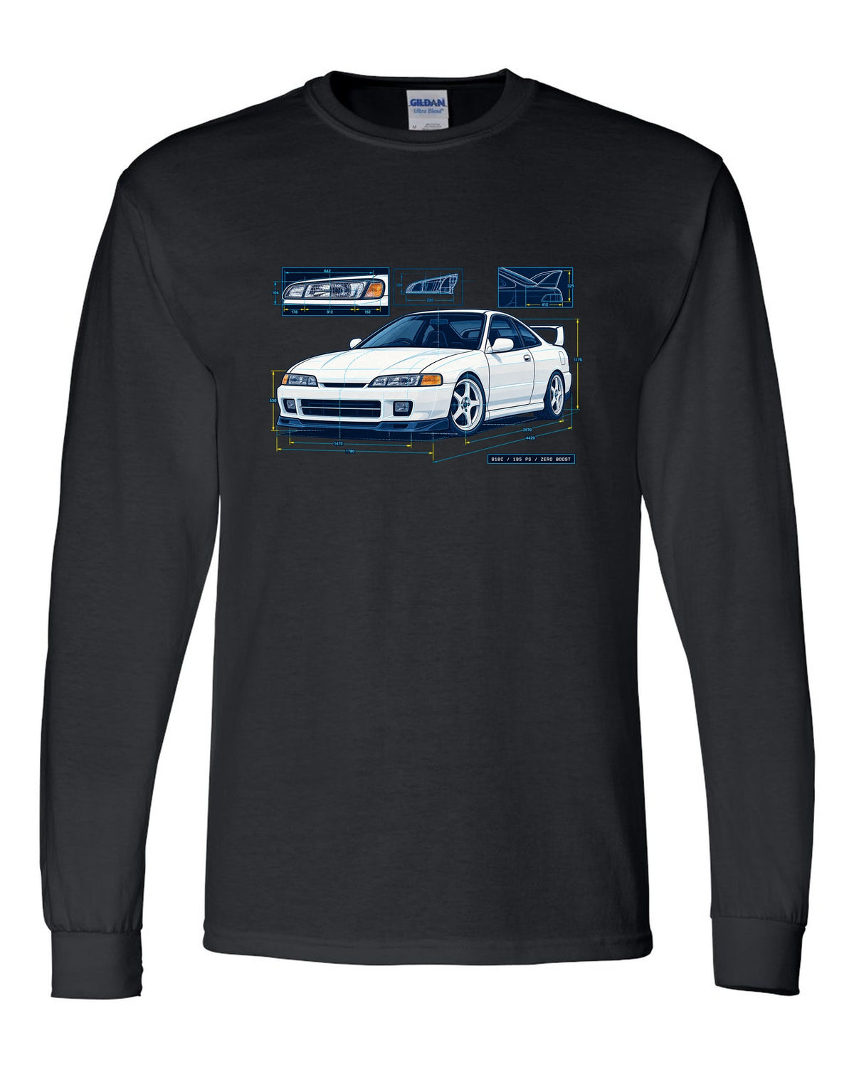 Blueprint line art of a 1995 Honda Integra DC2 headlight with B18C 195 PS Zero Boost lettering black long sleeve front view with the design