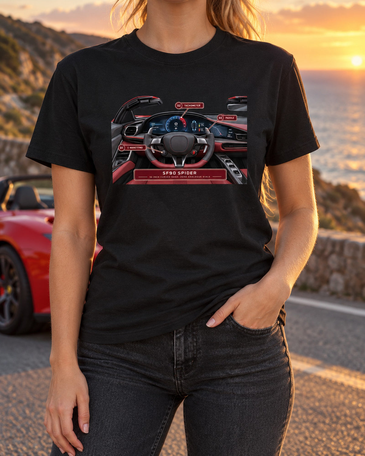 Ferrari SF90 Spider Cockpit Gauge Shirt, Curved Dash T-Shirt Black worn hero