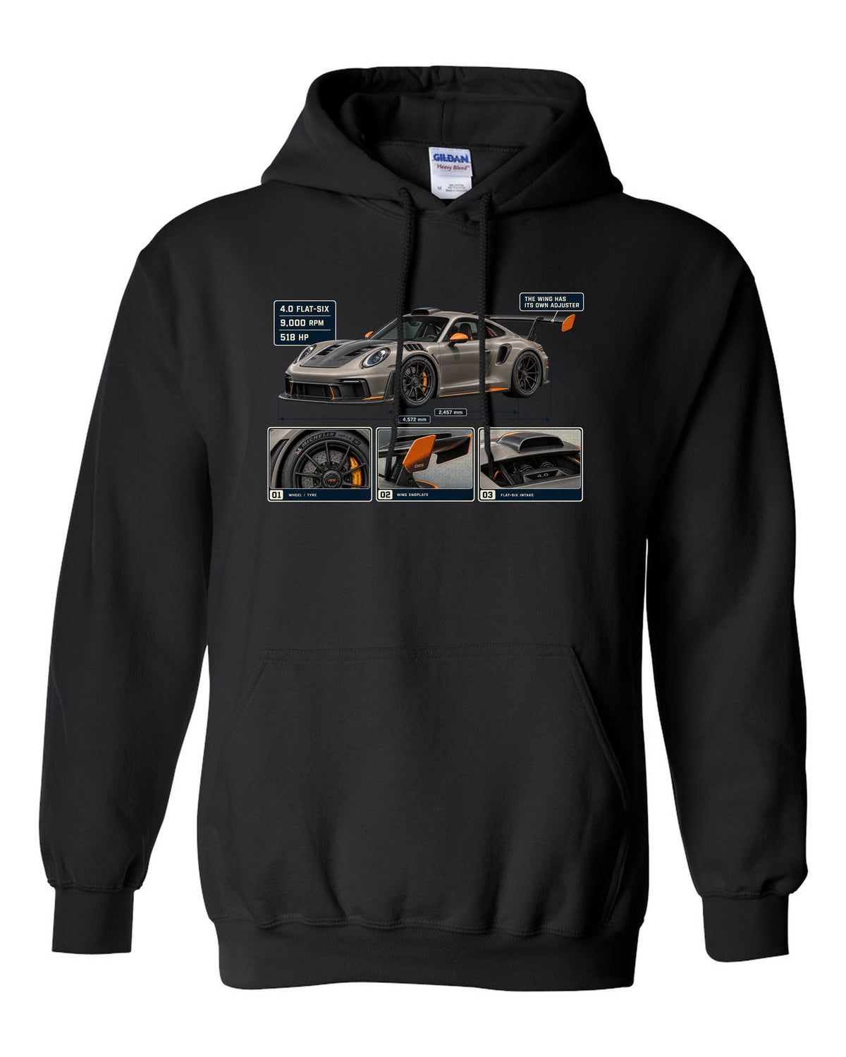 print dossier panels of a Porsche 911 GT3 RS 992 in warm grey with orange accents black pull over hoodie front view with the design
