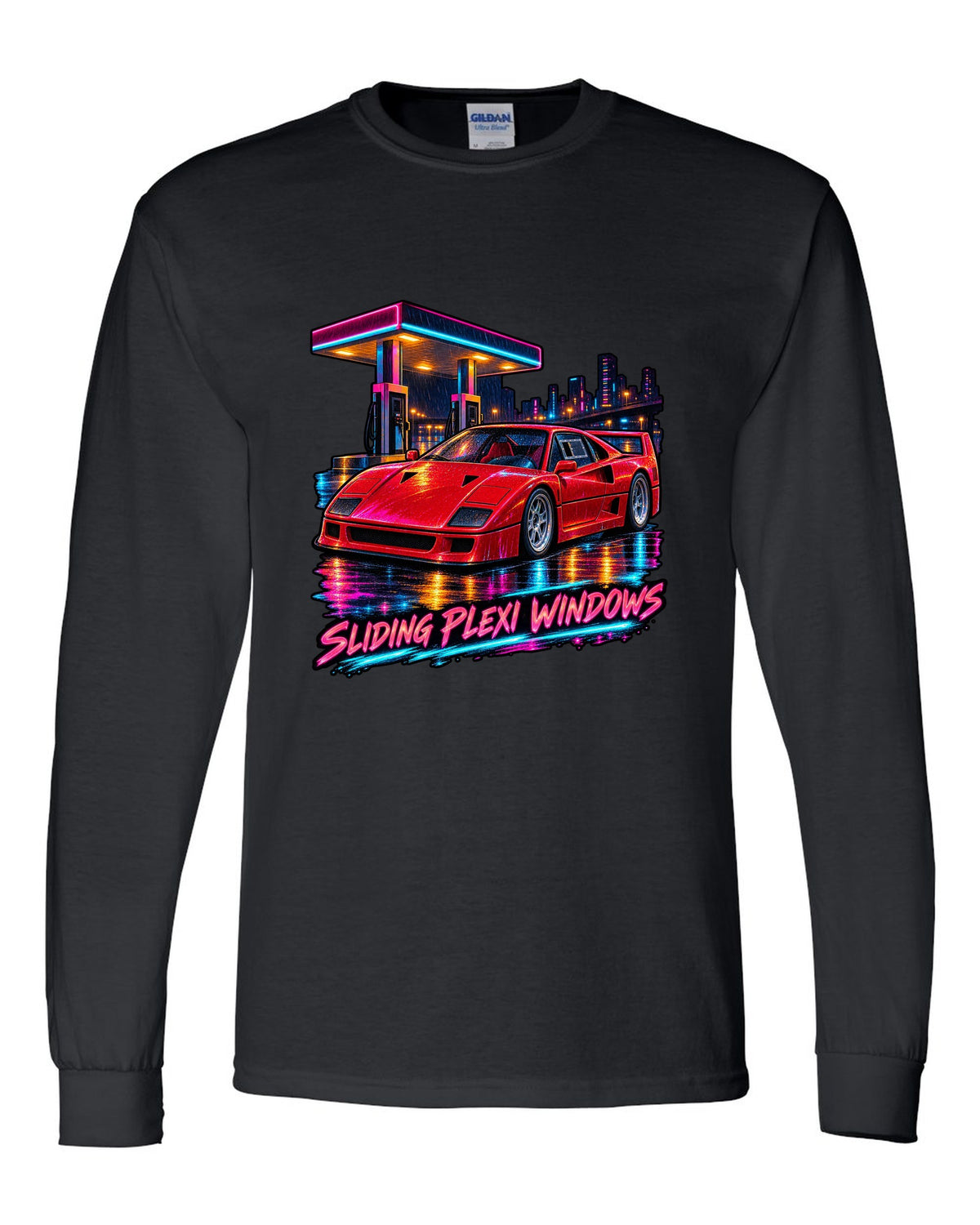 Neon night-city gouache print of a 1987 Ferrari F40 F120 with sliding plexi windows text black long sleeve front view with the design