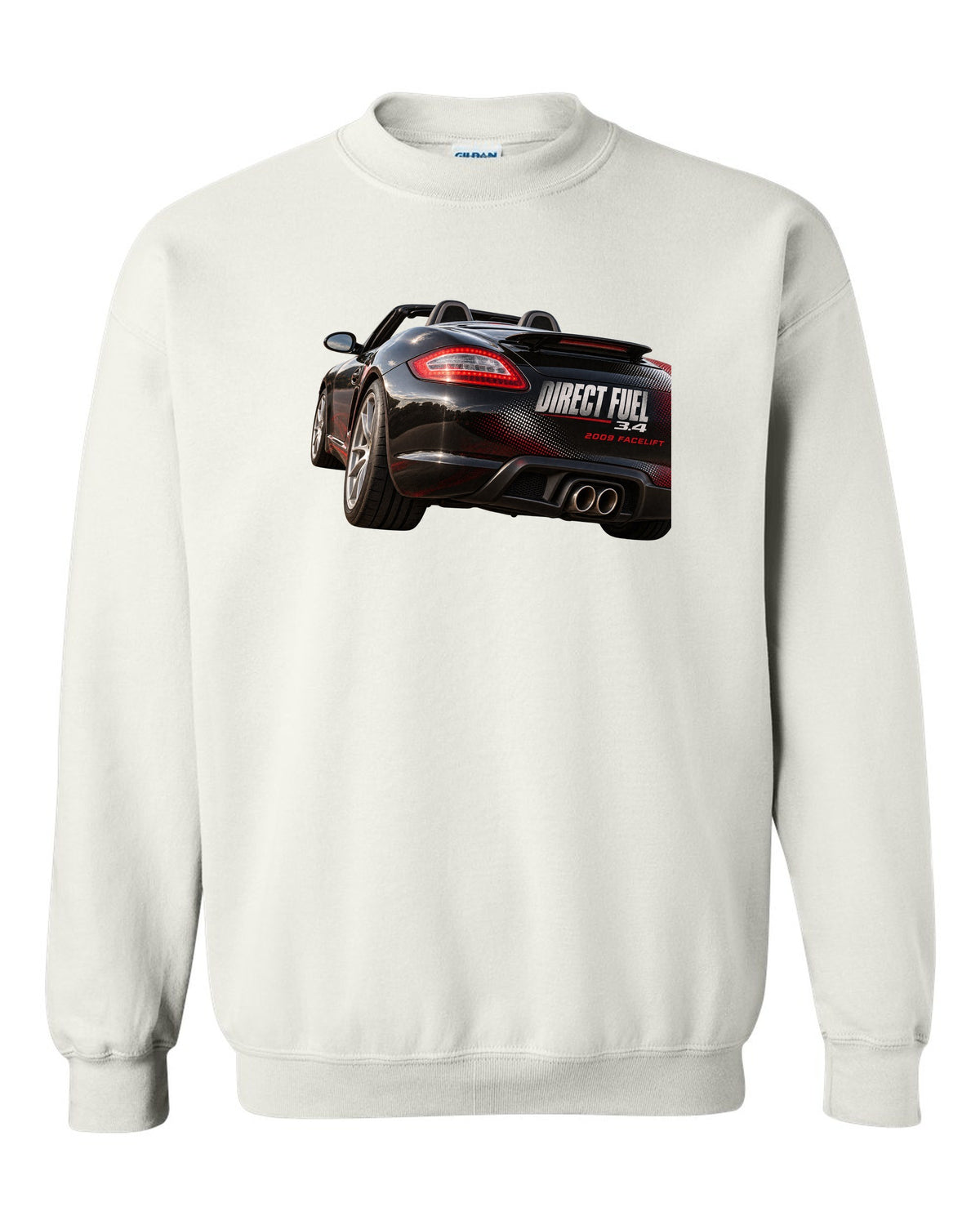 Taillight macro print of a Porsche Boxster 987.2 facelift white crewneck front view with the design